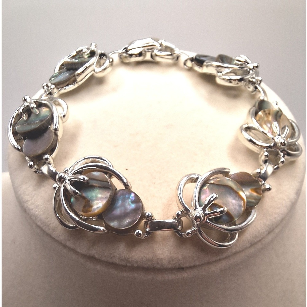 Vintage Abalone Shell Link Panel Bracelet filigree flowers waves beachy Boho